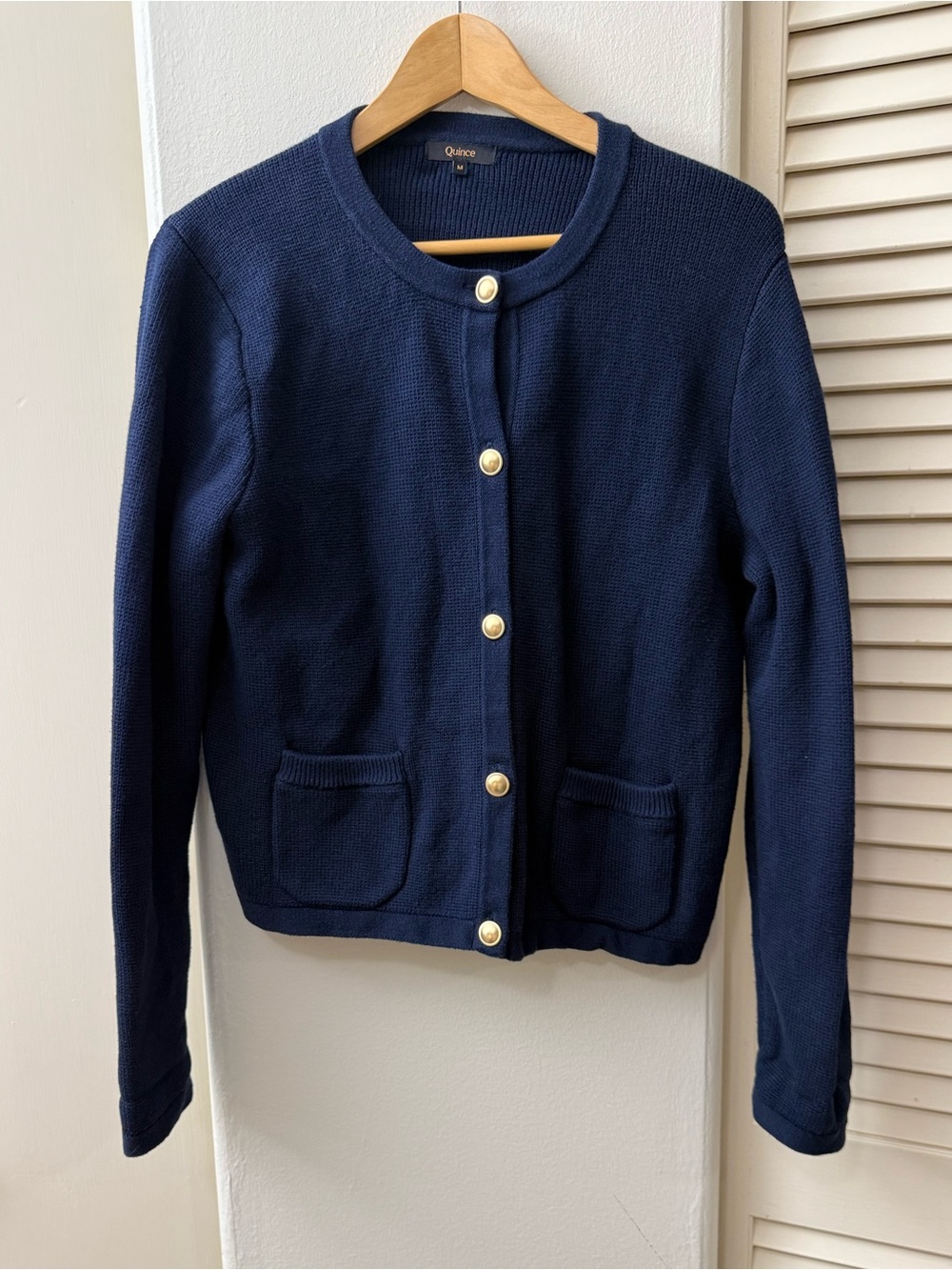 Quince Classic Navy Knit Button-Front Cardigan Jacket with Gold Buttons